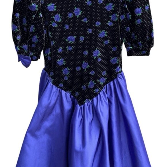 Vintage Bonnie Jean Dress 10 Velvet Floral Bow Sleeve Made USA Purple Party - Picture 2 of 11